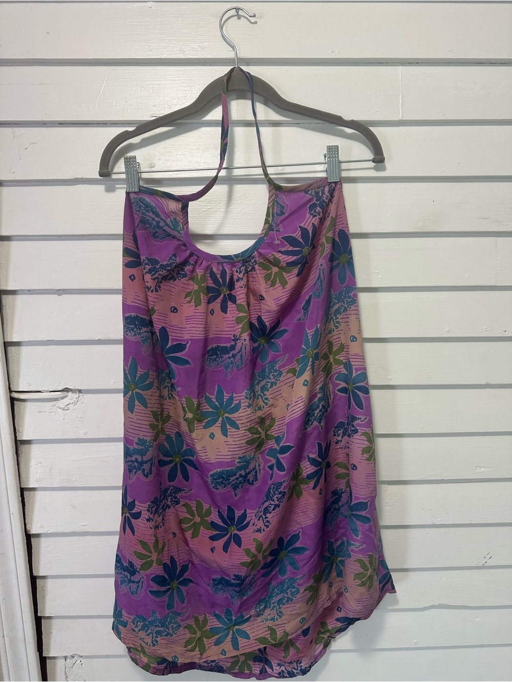Purple Floral Halter Summer Dress size M/L silk